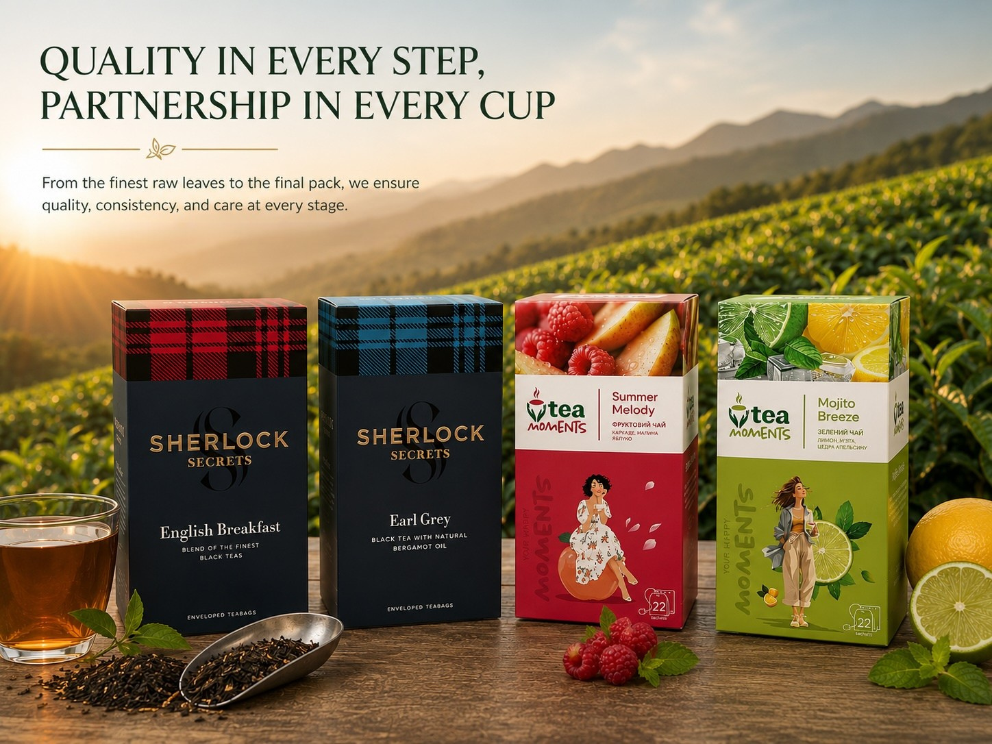 Premium tea production — full cycle from raw leaf to finished pack